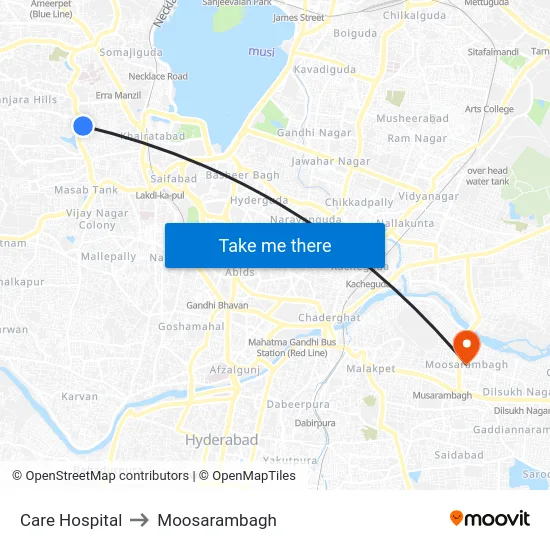 Care Hospital to Moosarambagh map