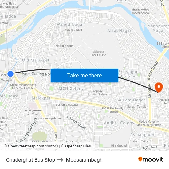 Chaderghat Bus Stop to Moosarambagh map