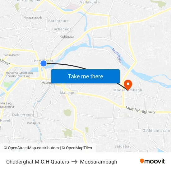 Chaderghat M.C.H Quaters to Moosarambagh map