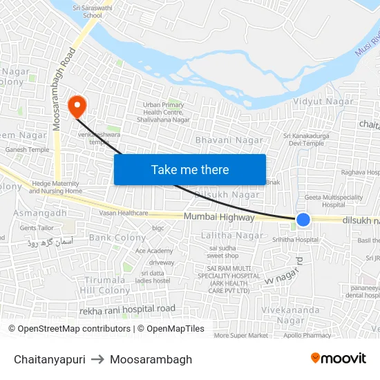 Chaitanyapuri to Moosarambagh map