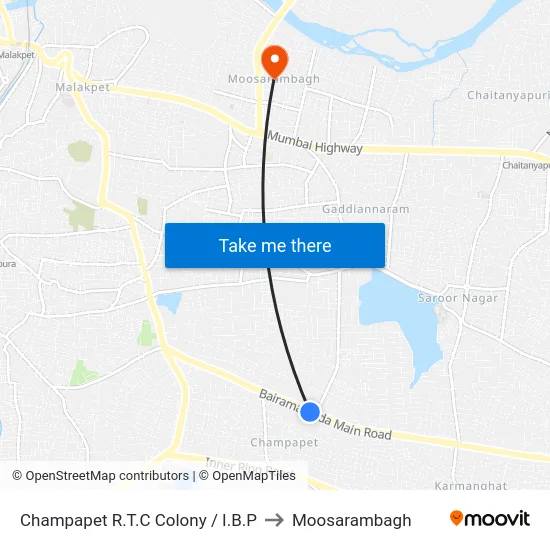 Champapet R.T.C Colony / I.B.P to Moosarambagh map