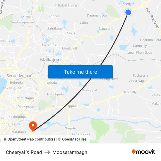 Cheeryal X Road to Moosarambagh map