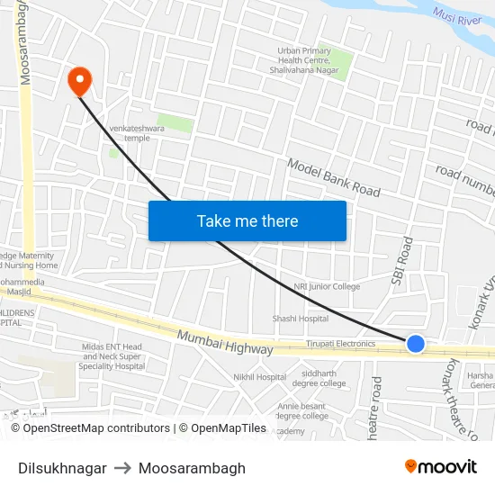 Dilsukhnagar to Moosarambagh map