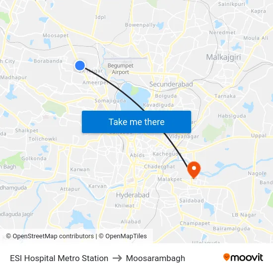 ESI Hospital Metro Station to Moosarambagh map