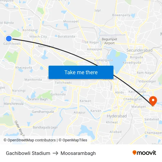 Gachibowli Stadium to Moosarambagh map