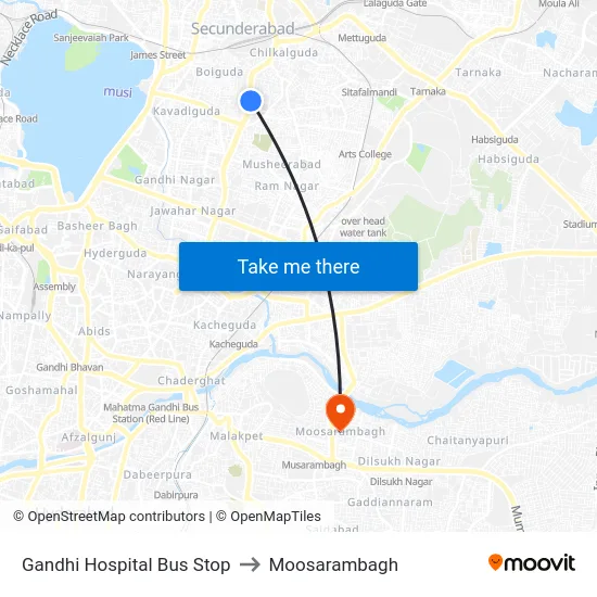 Gandhi Hospital Bus Stop to Moosarambagh map