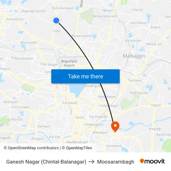 Ganesh Nagar (Chintal-Balanagar) to Moosarambagh map