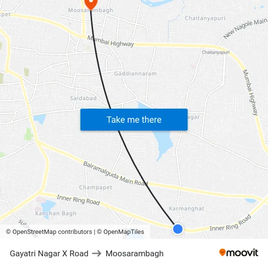 Gayatri Nagar X Road to Moosarambagh map