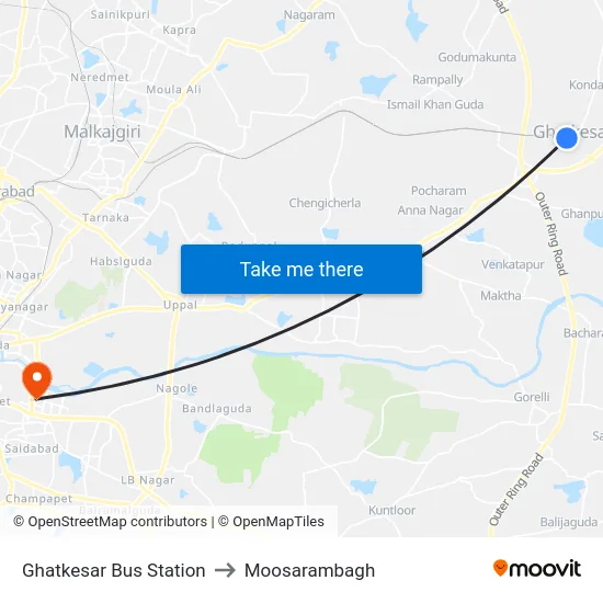 Ghatkesar Bus Station to Moosarambagh map