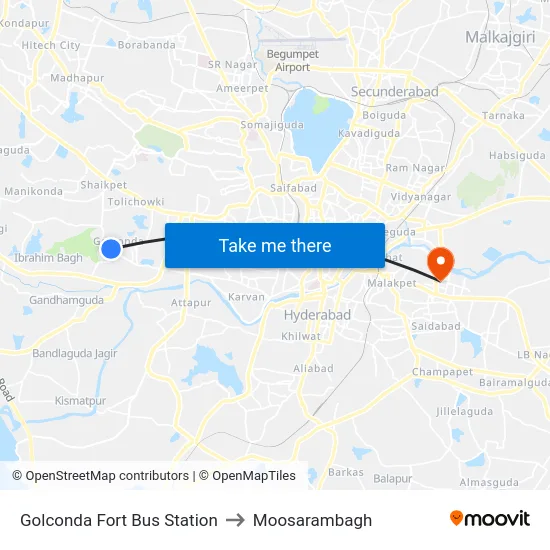 Golconda Fort Bus Station to Moosarambagh map