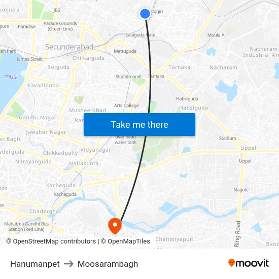 Hanumanpet to Moosarambagh map