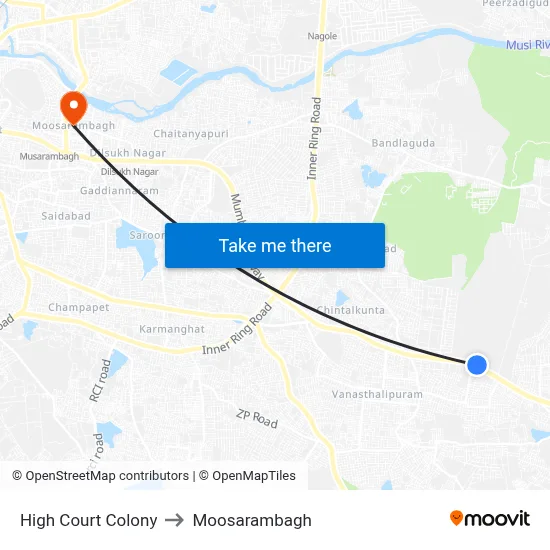 High Court Colony to Moosarambagh map