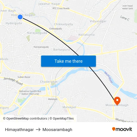 Himayathnagar to Moosarambagh map