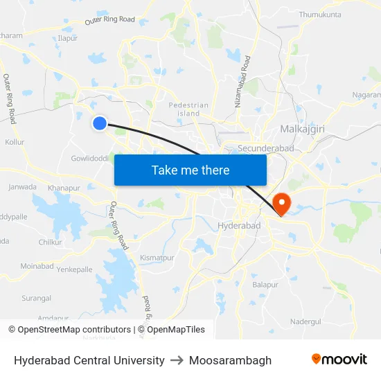 Hyderabad Central University to Moosarambagh map