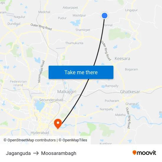 Jaganguda to Moosarambagh map