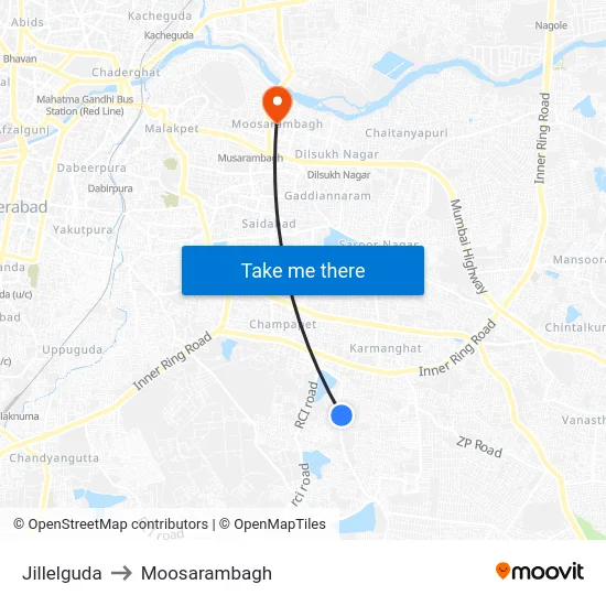 Jillelguda to Moosarambagh map