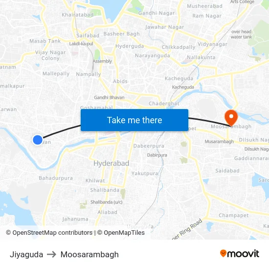 Jiyaguda to Moosarambagh map