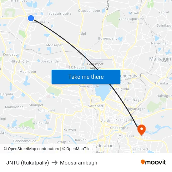 JNTU (Kukatpally) to Moosarambagh map