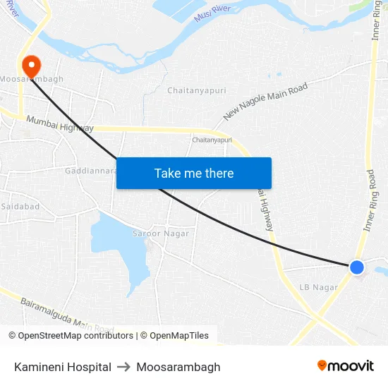 Kamineni Hospital to Moosarambagh map