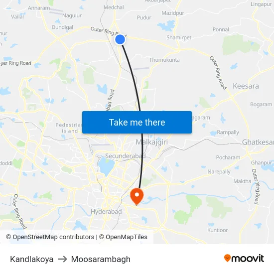 Kandlakoya to Moosarambagh map