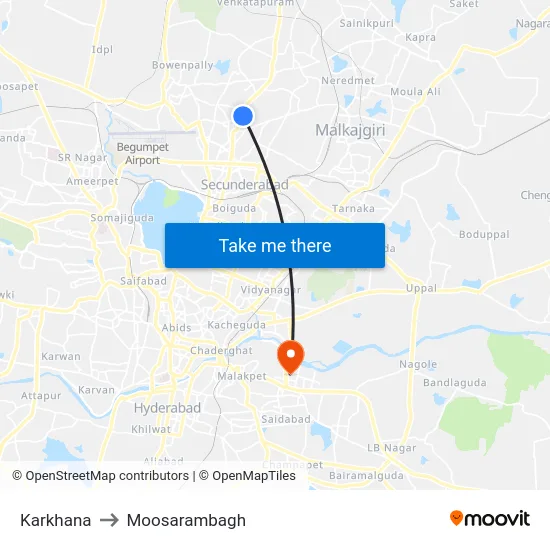 Karkhana to Moosarambagh map