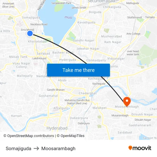 Somajiguda to Moosarambagh map