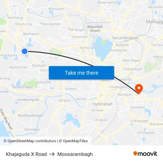 Khajaguda X Road to Moosarambagh map