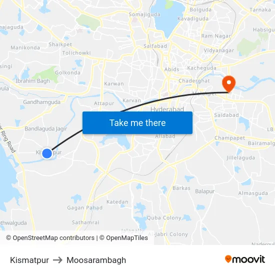 Kismatpur to Moosarambagh map