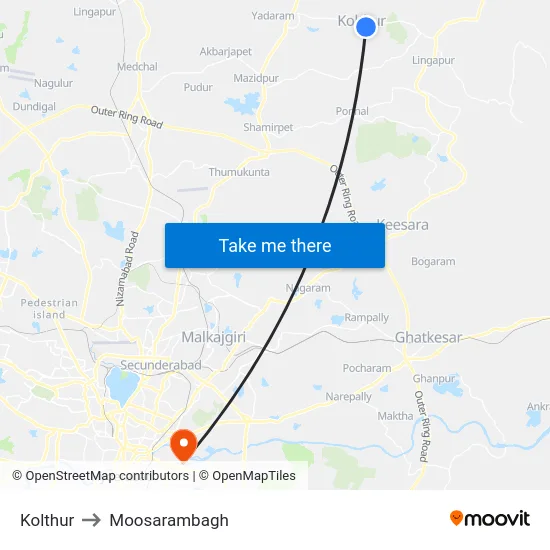 Kolthur to Moosarambagh map