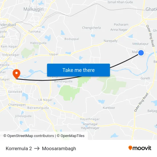 Korremula 2 to Moosarambagh map