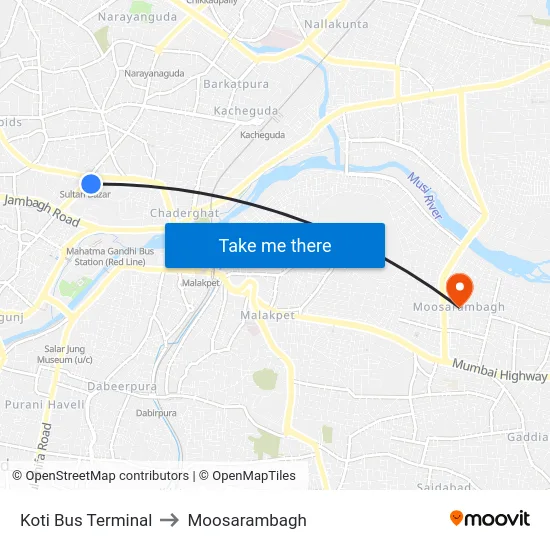 Koti Bus Terminal to Moosarambagh map
