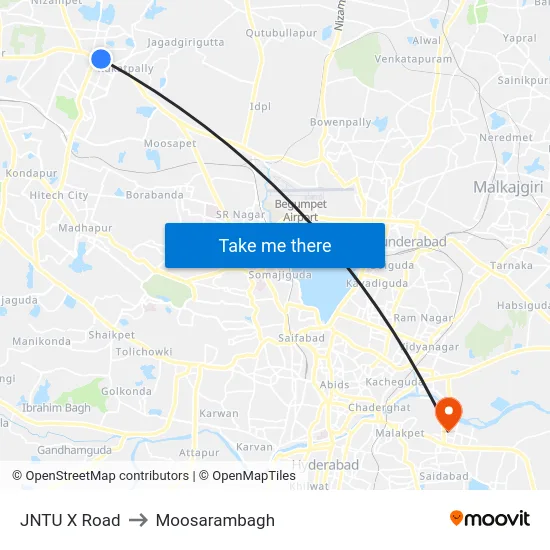 JNTU X Road to Moosarambagh map