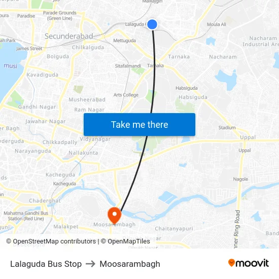 Lalaguda Bus Stop to Moosarambagh map