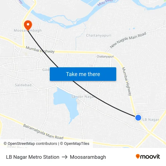 LB Nagar Metro Station to Moosarambagh map