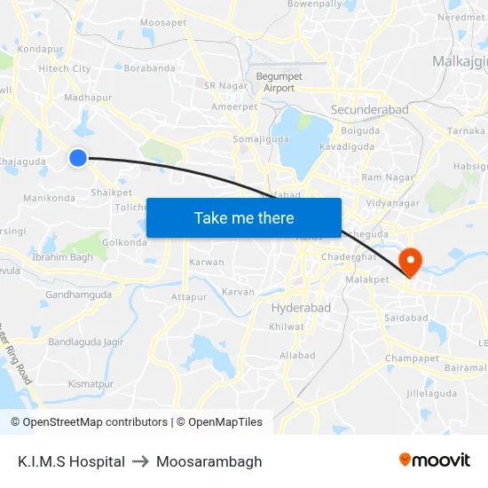 K.I.M.S Hospital to Moosarambagh map