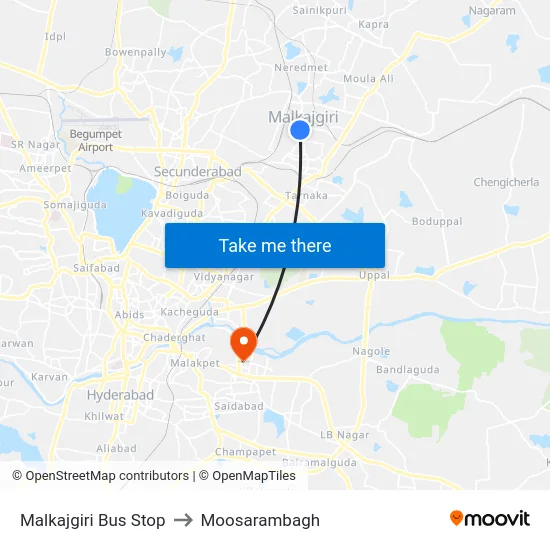 Malkajgiri Bus Stop to Moosarambagh map