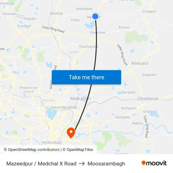 Mazeedpur / Medchal X Road to Moosarambagh map