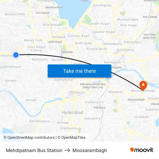 Mehdipatnam Bus Station to Moosarambagh map