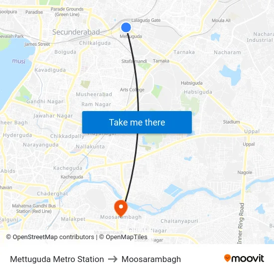 Mettuguda Metro Station to Moosarambagh map
