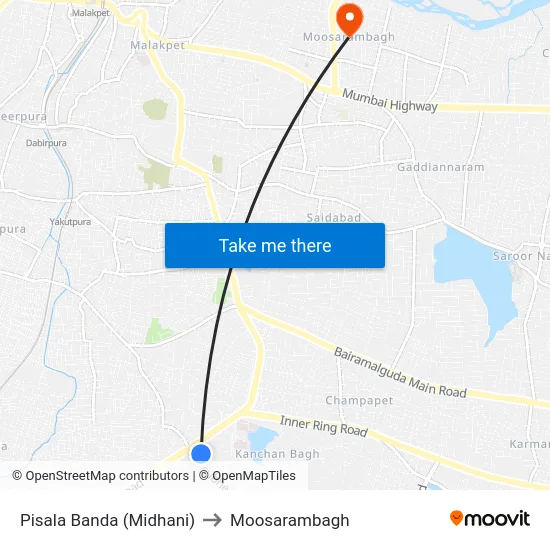 Pisala Banda (Midhani) to Moosarambagh map