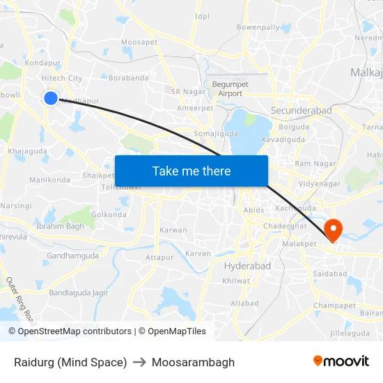 Raidurg (Mind Space) to Moosarambagh map