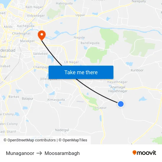 Munaganoor to Moosarambagh map