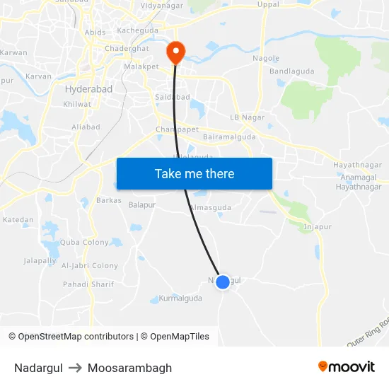 Nadargul to Moosarambagh map