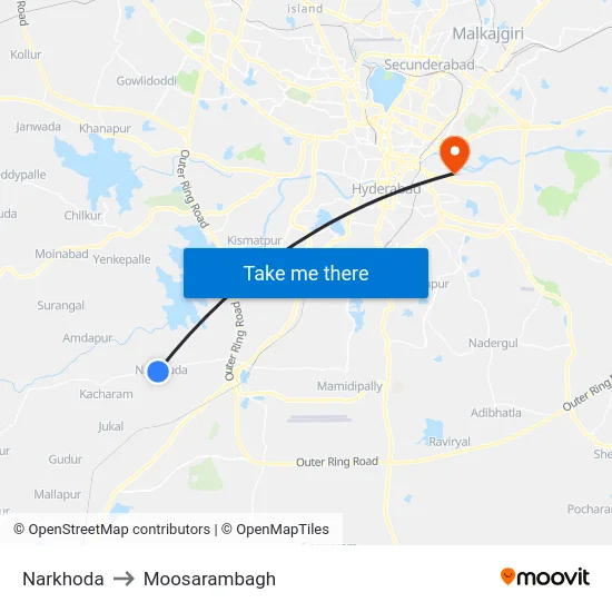 Narkhoda to Moosarambagh map