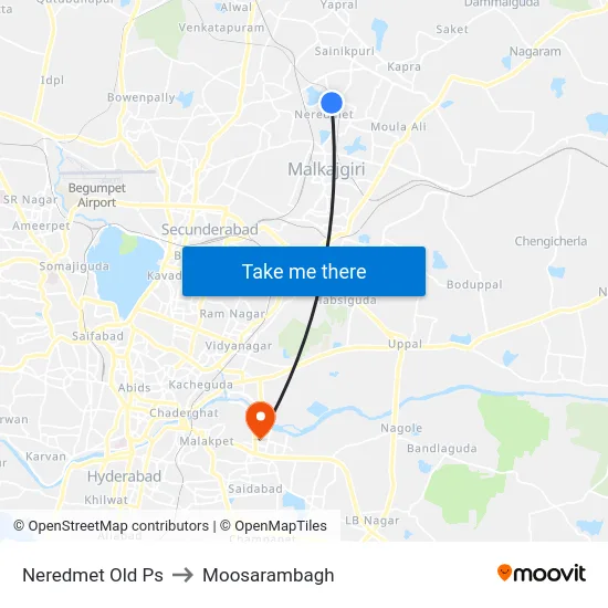Neredmet Old Ps to Moosarambagh map