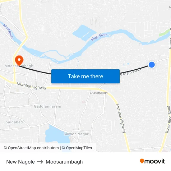 New Nagole to Moosarambagh map