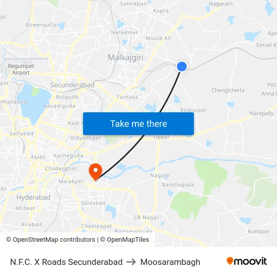 N.F.C. X Roads Secunderabad to Moosarambagh map