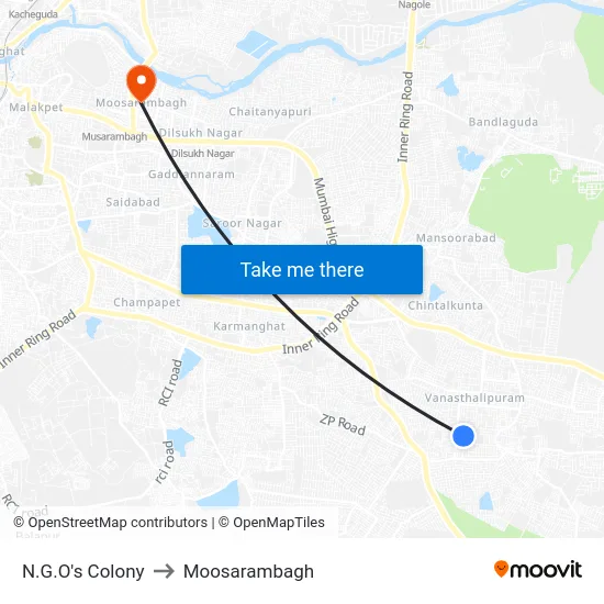 N.G.O's Colony to Moosarambagh map