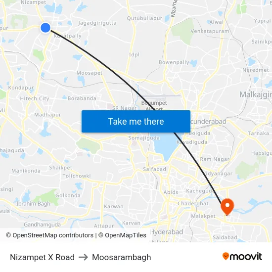 Nizampet X Road to Moosarambagh map