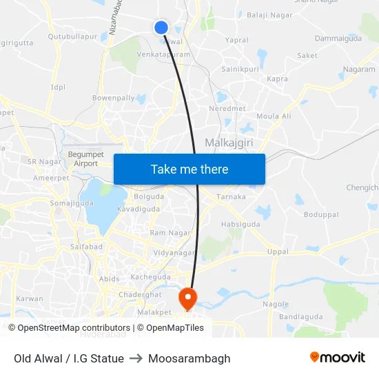 Old Alwal / I.G Statue to Moosarambagh map